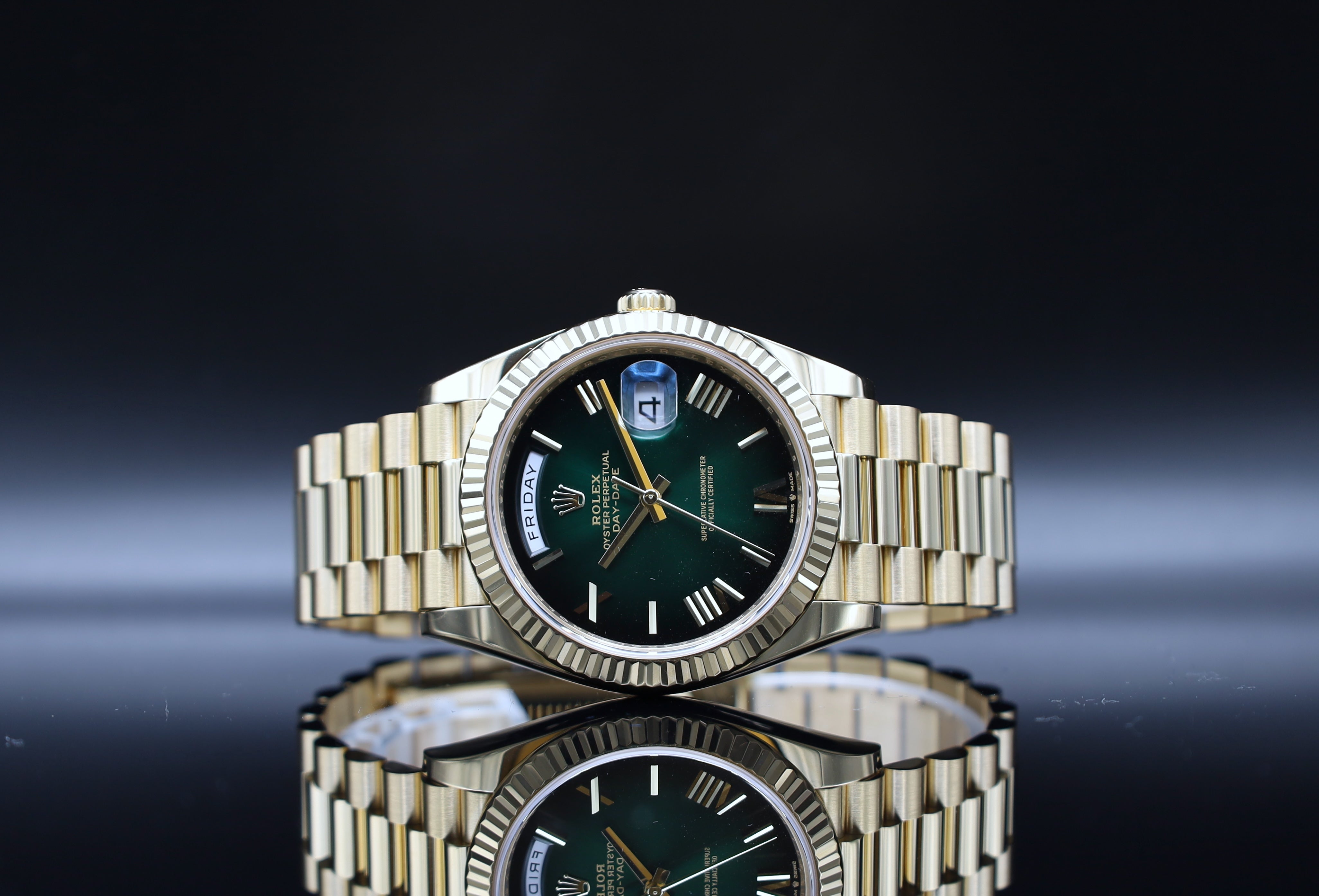 Rolex Day Date Ombré Grün - Gelbgold - 09/2024 - LC100 - Fullset