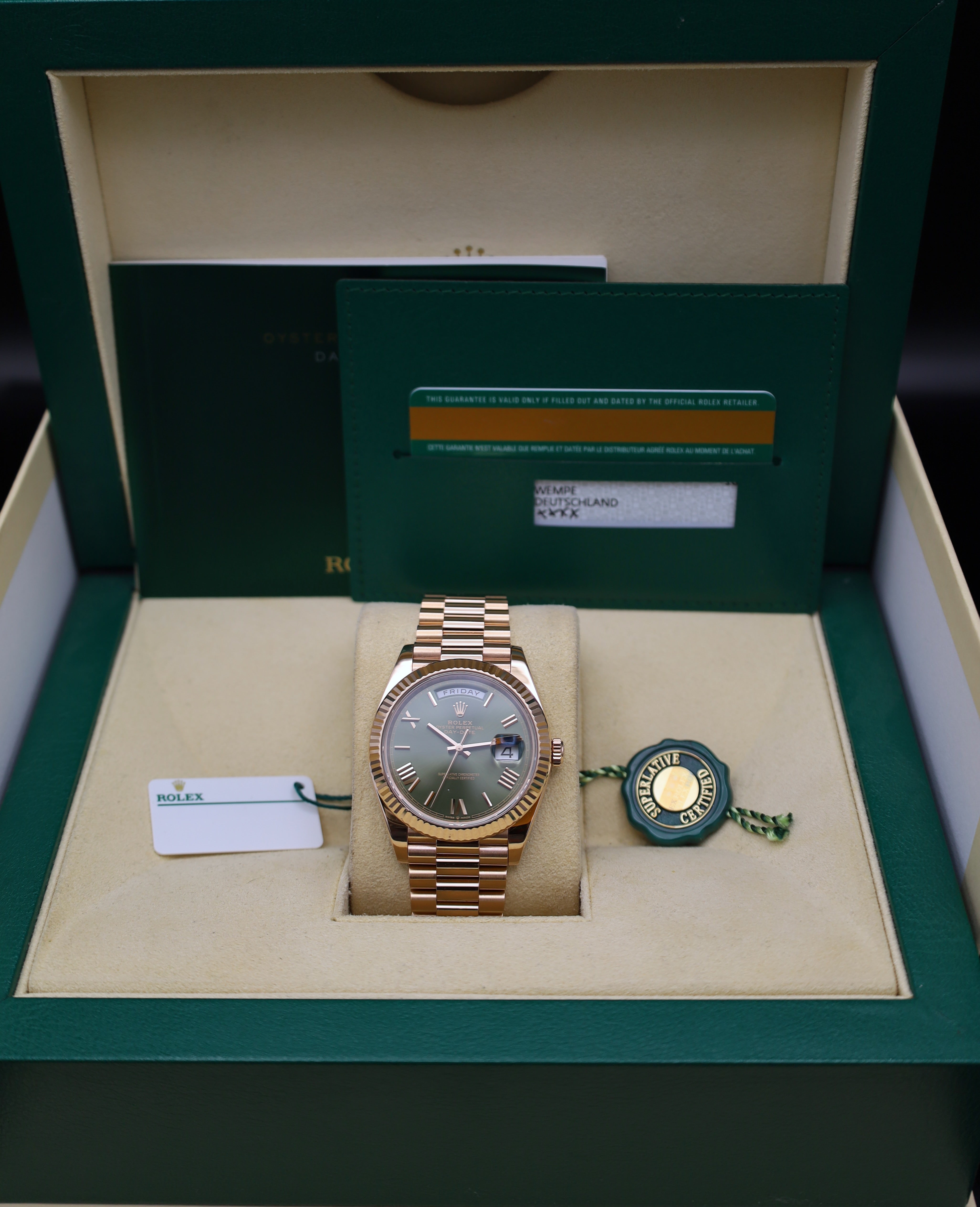 Rolex Day Date Olivé Rosegold - LC100 - 2019 - Fullset - 228235
