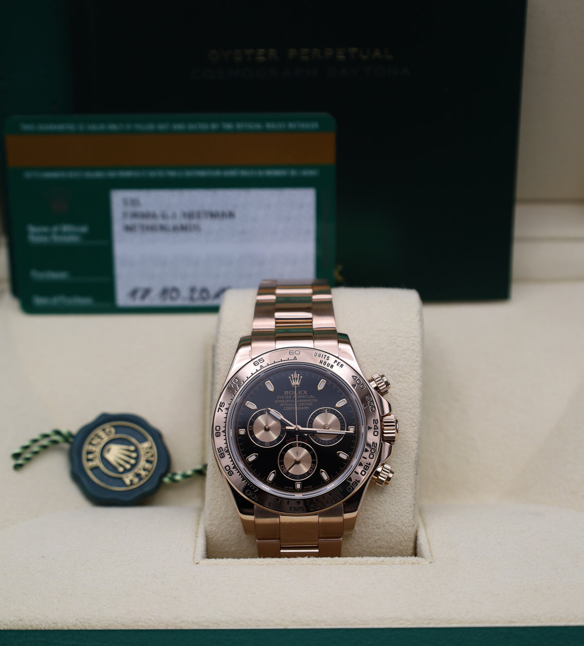 Rolex Daytona Schwarzes Blatt - Roségold - LC Niederlande - 116505 - 2019 - Fullset