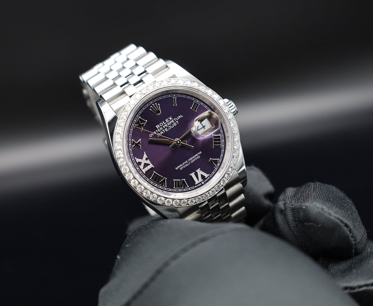 Rolex Datejust 36 Lila/ Aubergine Römisch XI Diamant - Fullset - 2025 - 126234