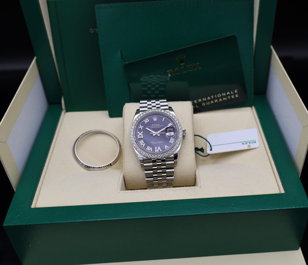 Rolex Datejust 36 Lila/ Aubergine Römisch XI Diamant - Fullset - 2025 - 126234