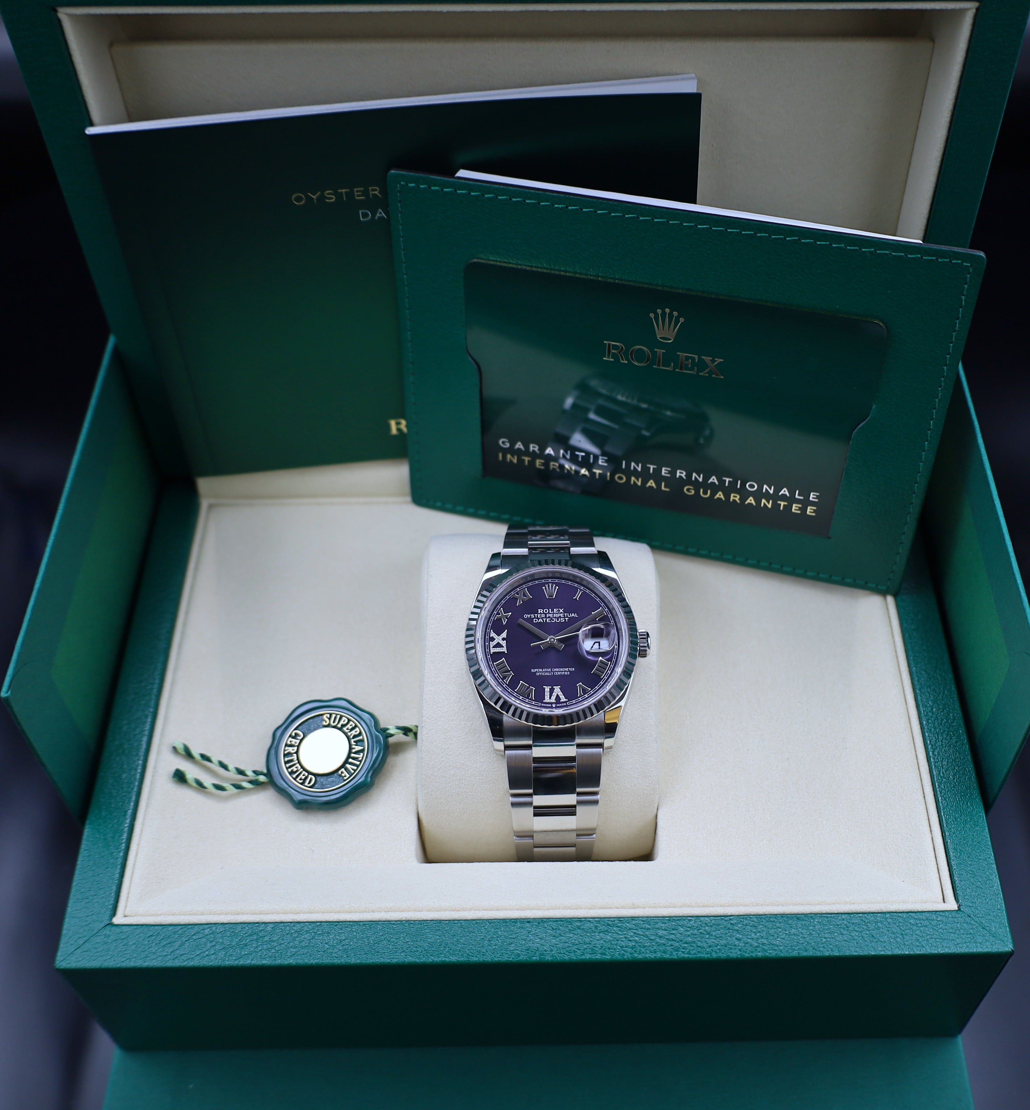 Rolex Datejust 36 - Lila Römisch Diamant-  - Fullset - 2025 - 126234